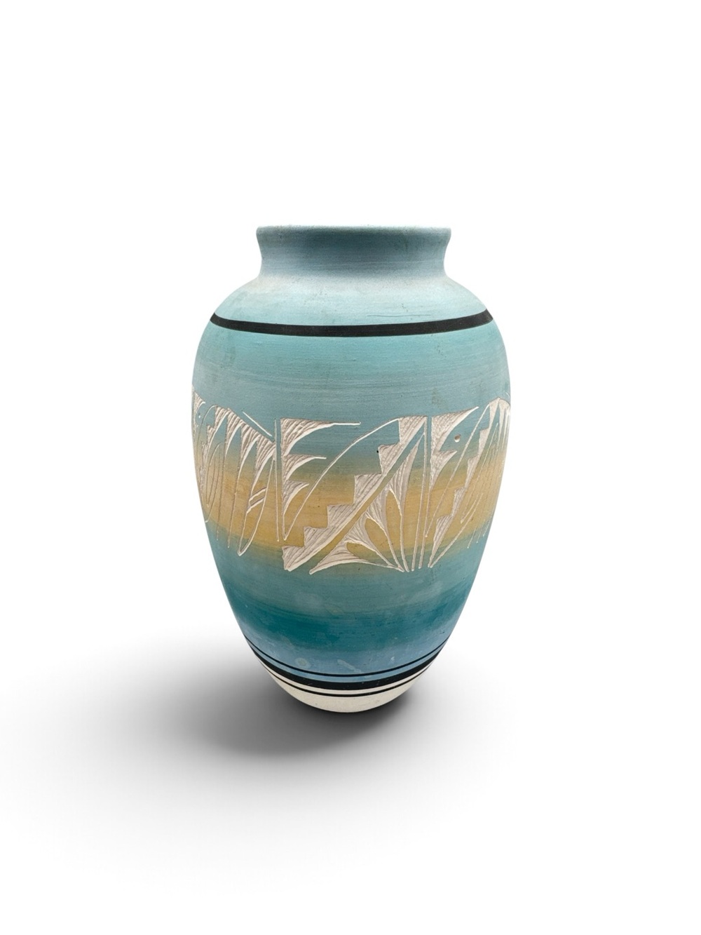 Vintage 1990s Signed Padilla Navajo Pottery Vase Aqua Blue Etched Southwest Art